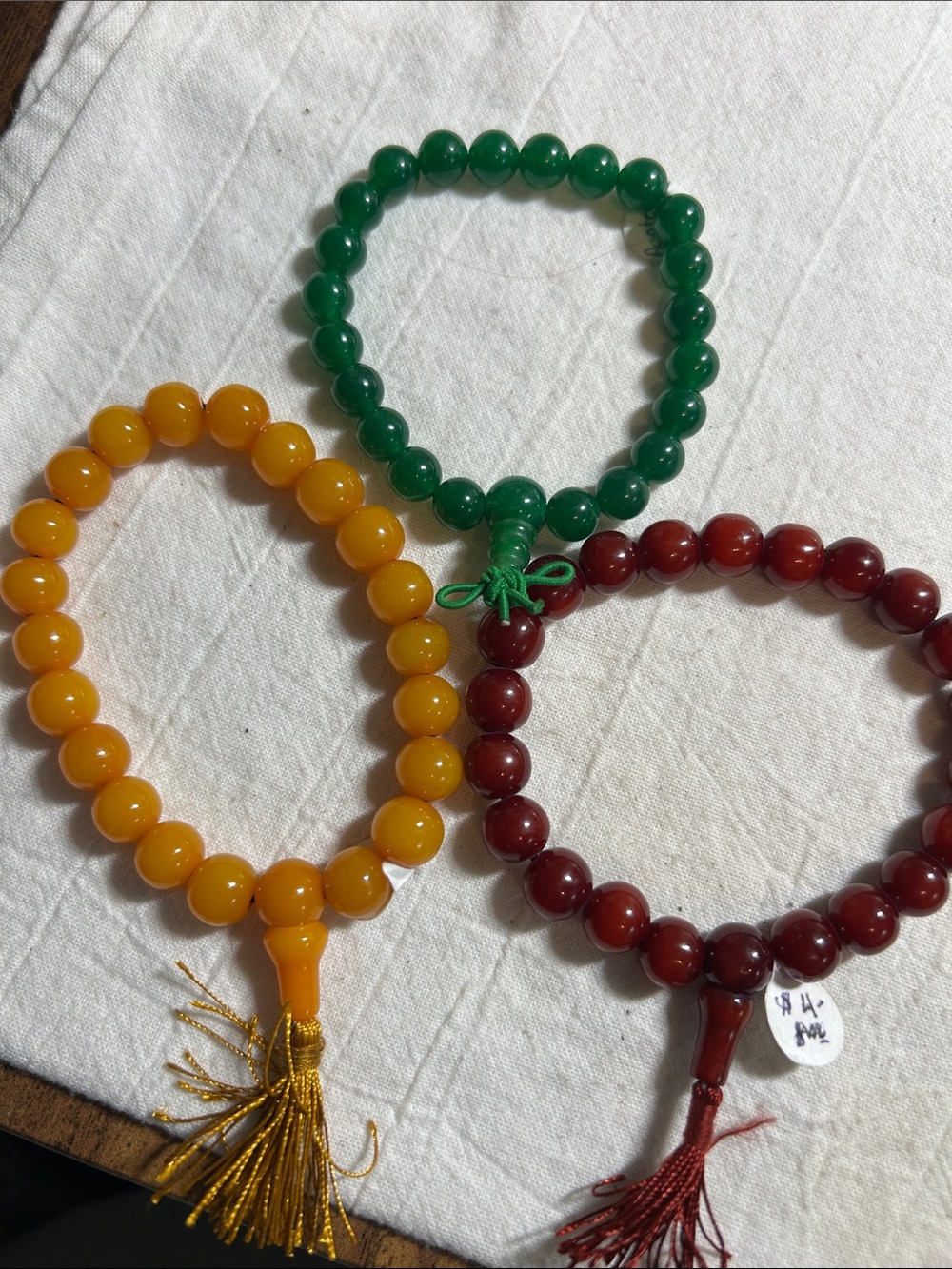 Beaded Prayer Bracelets Trio - Yellow, Green & Burgundy